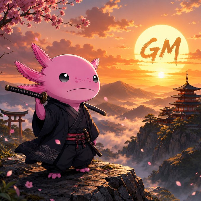 An AI-generated illustration of a pink axolotl dressed as a samurai holding a katana, standing on a cliff with a Japanese pagoda, torii gate, cherry blossoms, and a setting sun displaying 'GM' in the background.