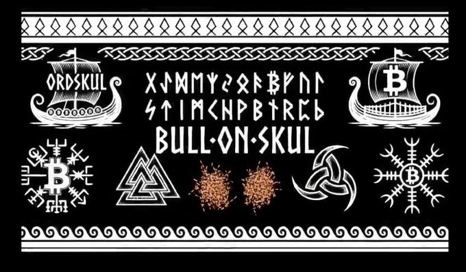 A black graphic design featuring Norse/Viking imagery with longships, runes, Bitcoin symbols, and the text 'BULL·ON·SKUL' flanked by decorative symbols.