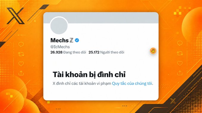The image shows a suspended Twitter/X account for "Mechs Z" (@IcMechs), a verified account with 26,928 followers and 25,172 following, displaying the message "Tài khoản bị đình chỉ" (Account suspended) due to violations of platform rules. This relates to the post by expressing concern over the unexpected suspension of a well-known crypto figure who serves as an ambassador for TRON and Injective.