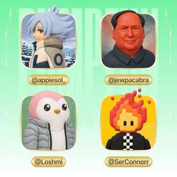 A graphic with a light green background featuring four rounded square profile icons with usernames below them: '@appiesol_', '@jewpacabra', '@Loshmi', and '@SerConnorr'.
