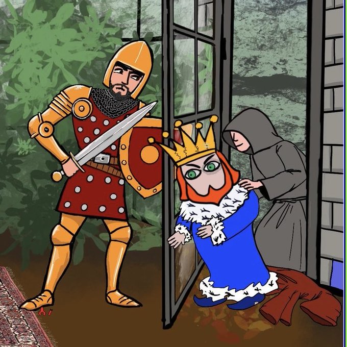 A cartoon scene shows a knight in golden armor raising his sword at a doorway, where a hooded monk guides a crowned, wide-eyed figure—possibly a child king—away, while discarded boots lie on the floor, suggesting the monk is secretly smuggling the royal out behind the knight's back. The image illustrates the caption "PLANS WITHIN PLANS…" by depicting a betrayal or escape unfolding while the guard remains unaware.