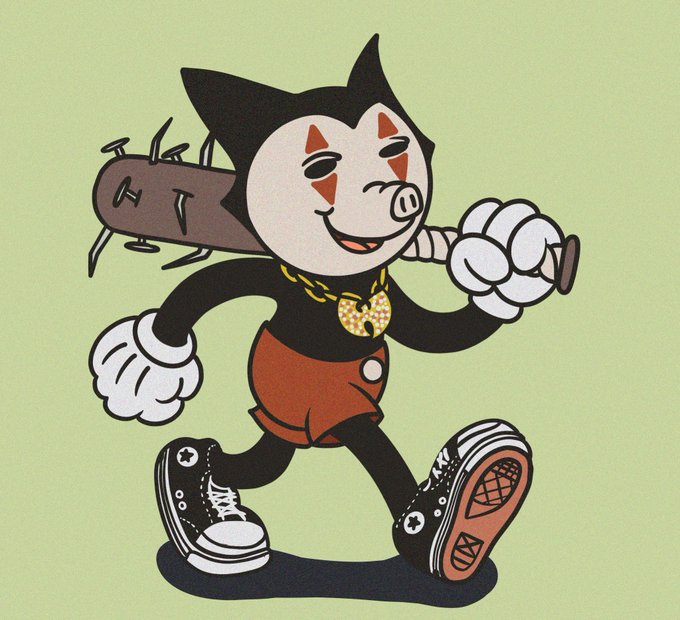 A cartoon illustration of a black and white cat-like character wearing red shorts, a gold chain, and sneakers, carrying a spiked bat over its shoulder on a green background.