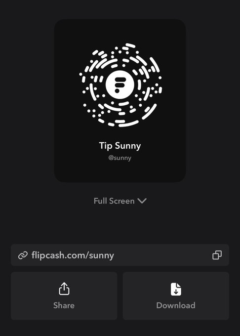 A mobile screen showing a Flipcash tip code for 'Sunny' (@sunny) with a circular QR code and options to share, download, or view full screen.