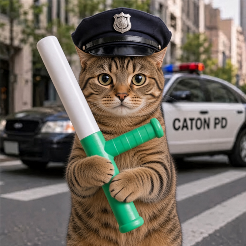 A tabby cat dressed as a police officer wearing a cap and holding a green and white baton. In the background, a police car is visible with the text "CATON PD" on the side.