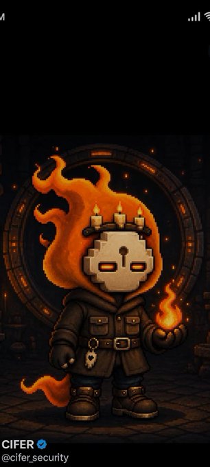 A pixel art illustration on a social media post by 'CIFER (@cifer.security)' showing a character with a large white keyhole for a head, engulfed in orange flames and wearing a dark hooded coat, holding a small flame in their hand.