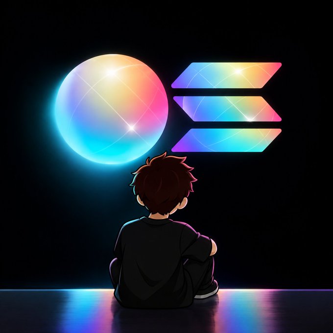 An anime-style illustration of a brown-haired boy in black clothing sitting on the floor with his back to the viewer, looking at a glowing multicolored sphere and three stacked holographic bars against a dark background.