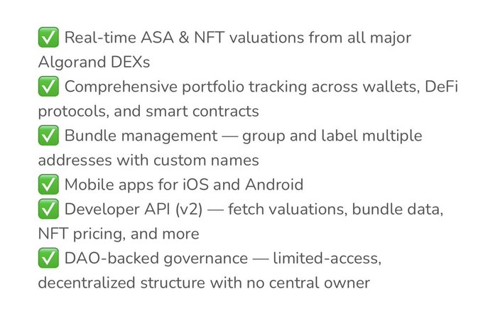 A feature list with green checkmarks highlighting real-time ASA & NFT valuations, comprehensive portfolio tracking, bundle management, mobile apps for iOS and Android, Developer API v2, and DAO-backed governance for what appears to be an Algorand-based platform.