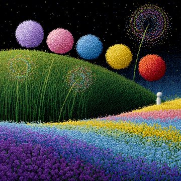 A vibrant, surreal digital artwork depicting a colorful landscape with rolling hills of multicolored flowers, a starry night sky, and floating spheres in purple, pink, blue, yellow, and red.