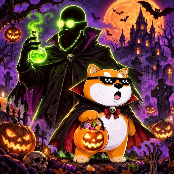 A Halloween-themed illustration featuring a shadowy figure in a cloak holding a glowing green potion alongside a Shiba Inu dog wearing pixelated sunglasses and a vampire cape, holding a jack-o'-lantern candy bucket, set against a spooky graveyard and haunted castle.