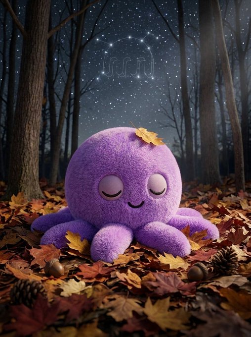 A digital illustration of a cute purple octopus with closed eyes sitting peacefully among autumn leaves and pinecones in a dark, starry forest, with a constellation shaped like the 'Uniswap' logo visible in the sky.