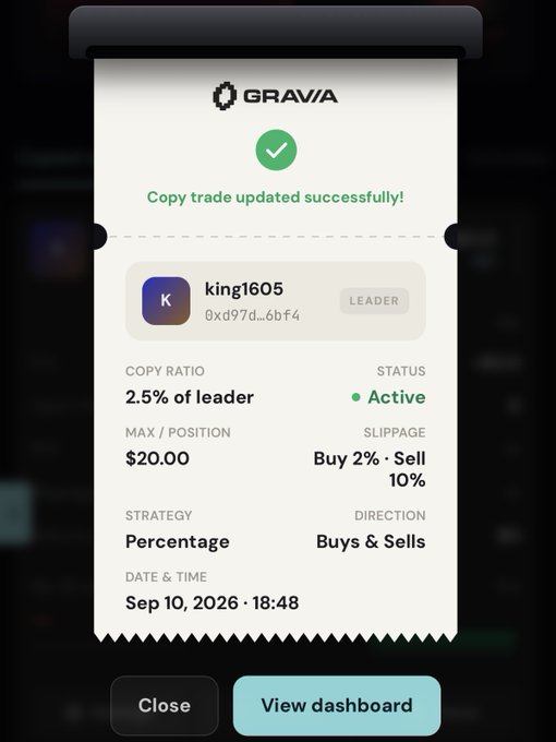 A mobile app screenshot from Gravia showing a 'Copy trade updated successfully!' confirmation for user 'king1605' with a 2.5% copy ratio, $20.00 max position, Active status, and a date of Sep 10, 2026 at 18:48.