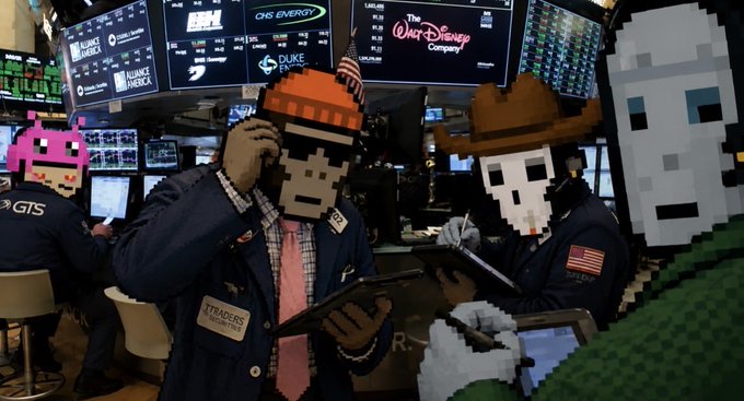A photo of the New York Stock Exchange trading floor showing traders with pixelated cartoon character masks (including a pink one and a skeleton) overlaid on their faces.