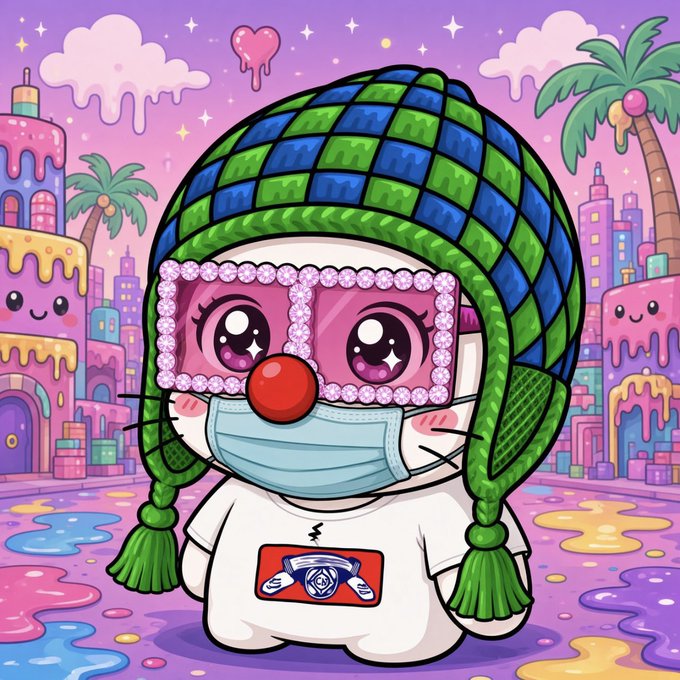 A cute cartoon-style character with large pink sparkly eyes wears a green and blue checkered trapper hat, a blue surgical face mask, and a white shirt with a small graphic, set against a vibrant candy-colored cityscape with palm trees and melting buildings.