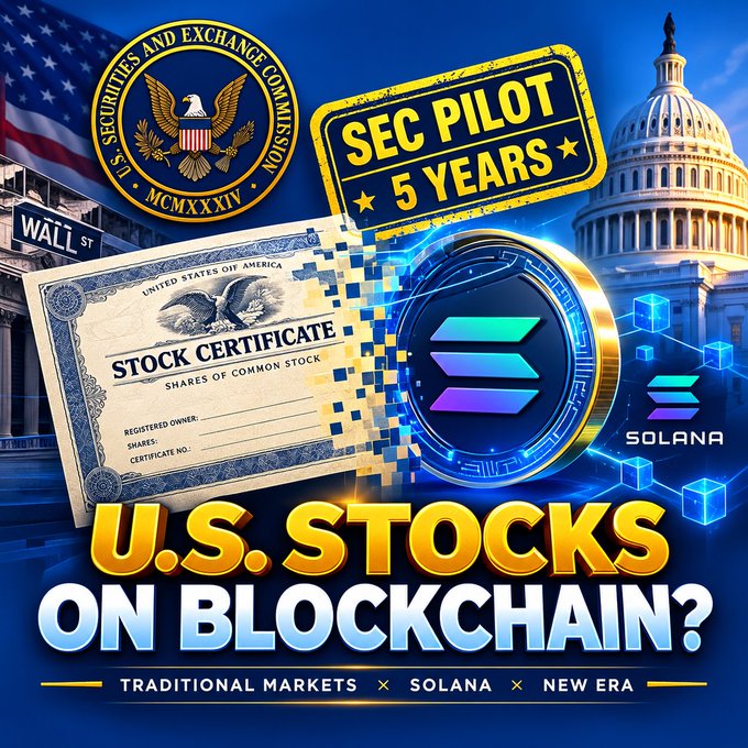 A promotional graphic asking 'U.S. STOCKS ON BLOCKCHAIN?' featuring an SEC seal, 'SEC PILOT 5 YEARS' stamp, a stock certificate, the Solana logo, and the US Capitol building, with the subtitle 'TRADITIONAL MARKETS × SOLANA × NEW ERA'.