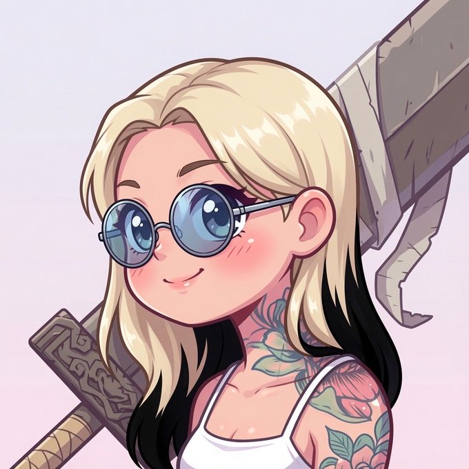 A chibi-style digital illustration of a blonde anime girl with blue round glasses, a white tank top, and colorful floral tattoos on her shoulder and arm, standing in front of a large sword.
