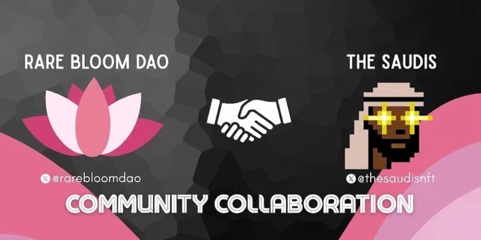 This image announces a community collaboration between Rare Bloom DAO and The Saudis NFT, featuring their logos and handles. The partnership signifies a joint raffle for Bloomers.