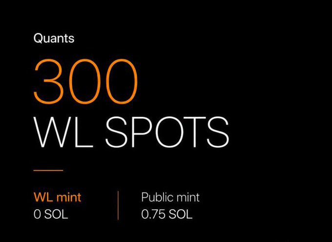 A sleek black promotional graphic for "Quants" announcing 300 whitelist (WL) spots, with a WL mint price of 0 SOL and a public mint price of 0.75 SOL. The image visually reinforces the post's campaign details, highlighting the free whitelist entry opportunity and the paid public mint option for the Quant AI creator campaign.