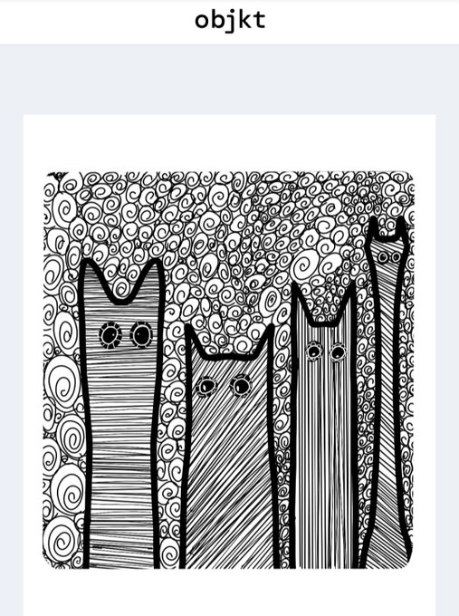 A black and white line-art drawing from the 'objkt' platform depicting three stylized cats with patterned bodies (spirals, hatching, and stripes) peering out from a field of curls.