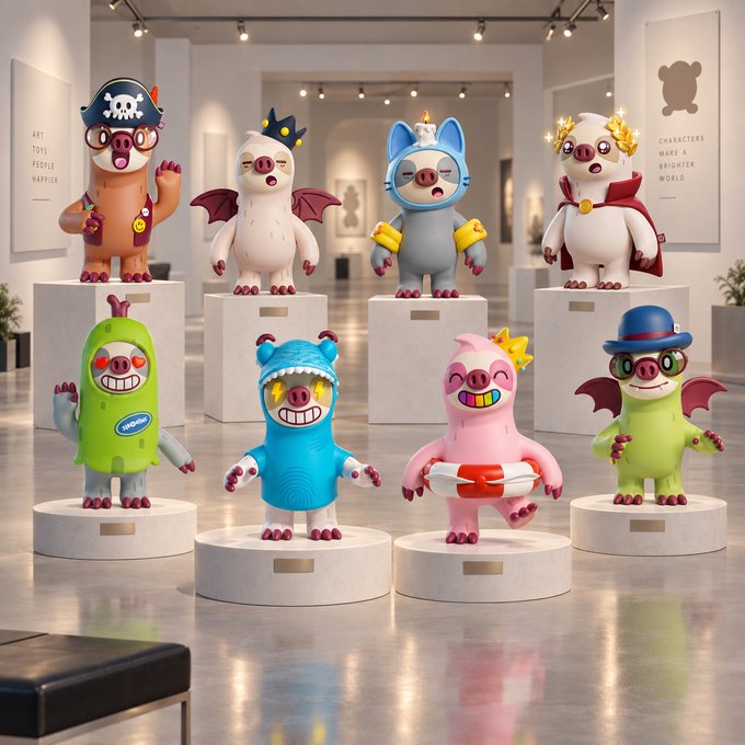 A collection of eight colorful, whimsical designer toy figurines—including pigs, cats, and other creatures in costumes like pirate, devil, and superhero—are displayed on white pedestals in a gallery setting.