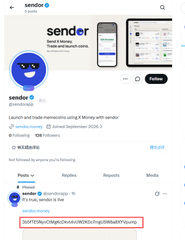 Sender Finance (@sender) Twitter profile showing a follow button, follower count, and a tweet about launching memecoin and memecoin airdrop with a URL link.