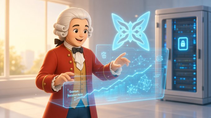 A 3D cartoon illustration in a bright room shows an 18th-century-styled character (resembling Mozart with a white wig and red coat) interacting with a glowing holographic blue display showing data graphs, a butterfly icon, and the text 'Quantum Resisteant Walei', while pointing toward a server rack with a lock icon.