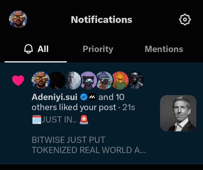 A mobile app notification screen titled 'Notifications' shows tabs for 'All', 'Priority', and 'Mentions', with an 'All' notification indicating that Adeniyi.sui (verified) and 10 others liked a post about 'BITWISE JUST PUT TOKENIZED REAL WORLD A...'