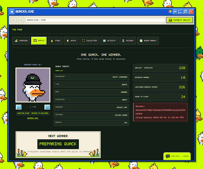 A 'QUACKS.ONE' webpage screenshot displaying 'Quack #7' - a pixel art duck wearing a gray top hat, with traits (Background: Dusty Lavender, Type: Mythic, Gem: Orange, Expression: Happy, Headwear: Bucket Hat, Neckwear: Silver Chain, Gender: Yes), 220 wallet waitlist, 24 hours to claim, and a winner's address shown.