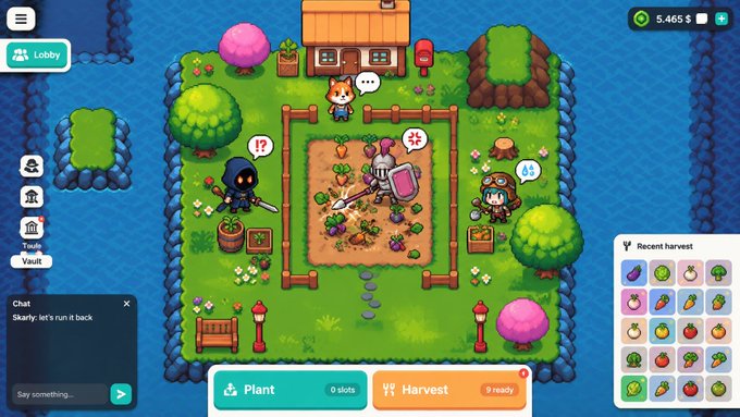 A screenshot of a farming game showing characters tending to a garden, with UI elements including 'Lobby', 'Trade Vault', 'Chat', 'Plant', 'Harvest', and 'Recent harvest', along with a currency display of '5,465'.