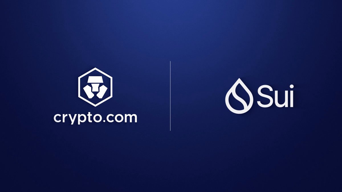 Crypto.com and Sui logos displayed side by-side on a dark blue background, indicating a partnership between the two cryptocurrency platforms.