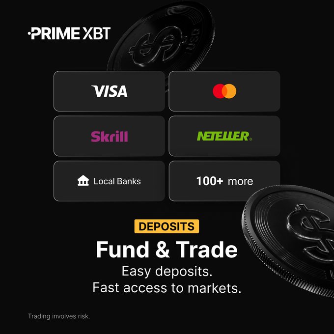 Prime XBT advertisement showing deposit payment options including Visa, Mastercard, Skrill, Neteller, and Local Banks with the tagline 'Fund & Trade - Easy deposits. Fast access to markets.'