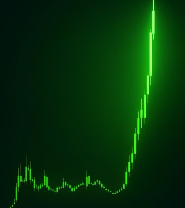 A green candlestick stock chart on a dark background showing a sharp upward price trend.