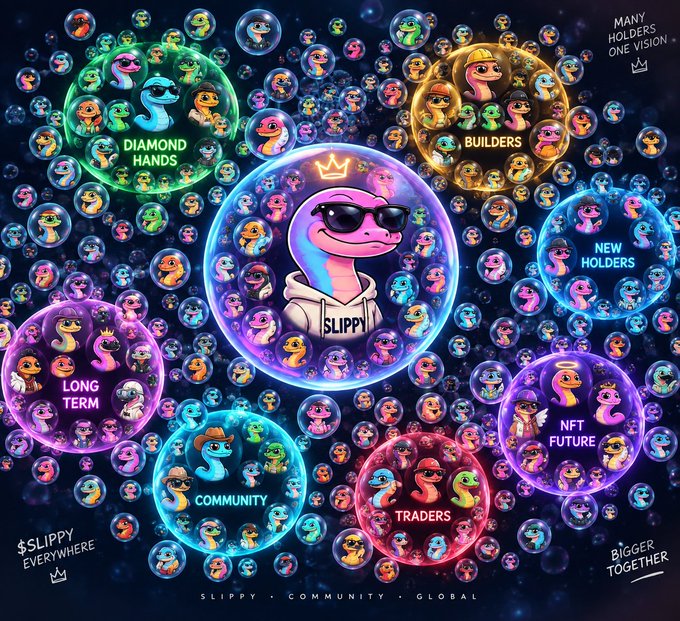 A promotional graphic for 'Slippy' NFT featuring colorful bubble clusters labeling groups like 'DIAMOND HANDS', 'BUILDERS', 'NEW HOLDERS', 'LONG TERM', 'COMMUNITY', 'TRADERS', and 'NFT FUTURE' with the tagline 'SLIPPY - COMMUNITY - GLOBAL'.
