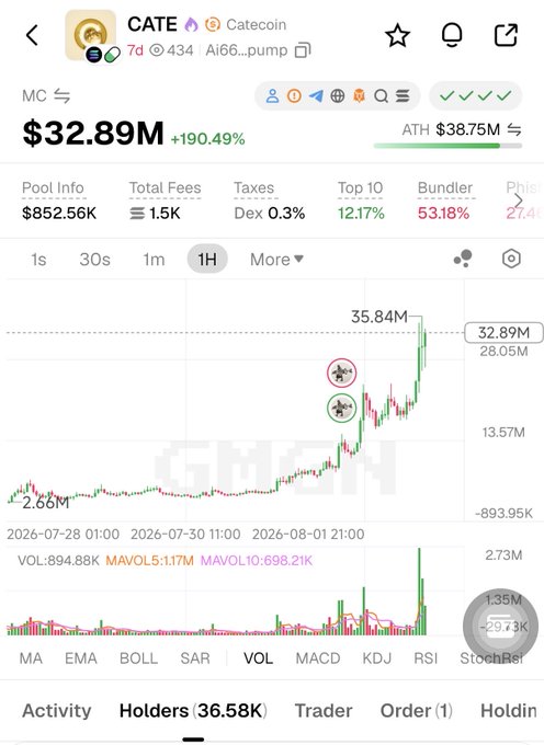A DexScreener chart shows the CATE memecoin on Solana with a market cap of $32.89M (+190.49%) and 36.58K holders, supporting the claim of rapid early growth. The token is only 7 days old, near its ATH of $38.75M, reflecting the viral momentum driven by figures like ANSEM described in the caption.