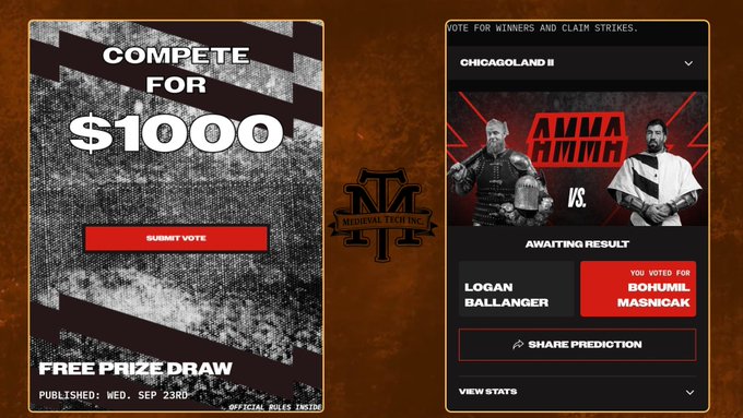 Two side-by-side promotional graphics from Medieval Tech Inc's $1K contest: the left panel invites users to "COMPETE FOR $1000" with a "SUBMIT VOTE" button for a Free Prize Draw published on Wednesday, September 23rd, while the right panel shows a "Chicagoland II" matchup awaiting the result between Logan Ballanger and Bohumil Masnica with a red "YOU VOTED FOR" notification on Masnica, and a "Share Prediction" option.