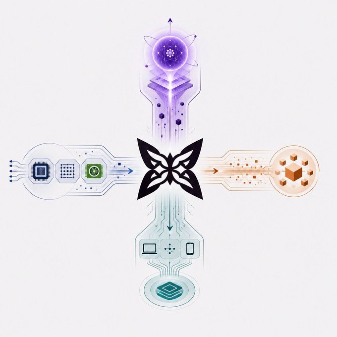 A digital illustration featuring a butterfly in the center with circuitry paths radiating to icons representing technology (microchips), quantum/atomic elements, blockchain/cubes, and devices.