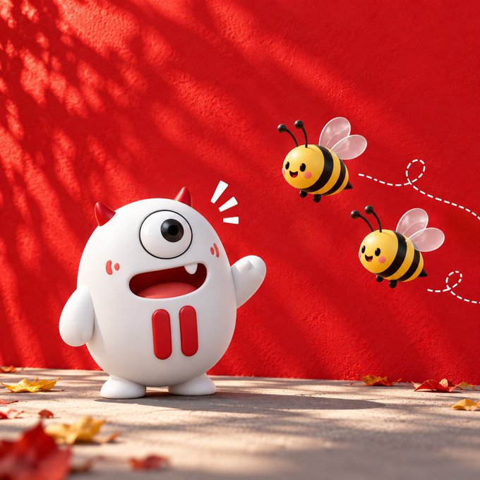 A 3D cartoon illustration of a cute white cyclops-like monster with horns looking surprised as two cute cartoon bees fly nearby against a red wall background.