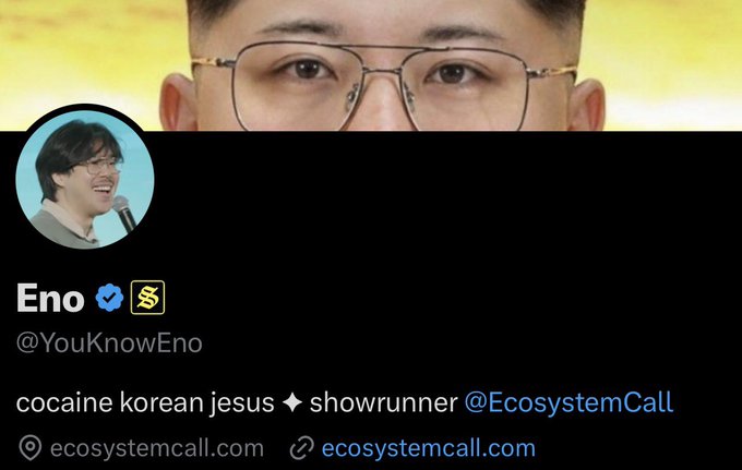 A Twitter/X profile screenshot of 'Eno (@YouKnowEno)' with a verified badge, displaying a bio that reads 'cocaine korean jesus ✦ showrunner @EcosystemCall', with links to ecosystemcall.com.