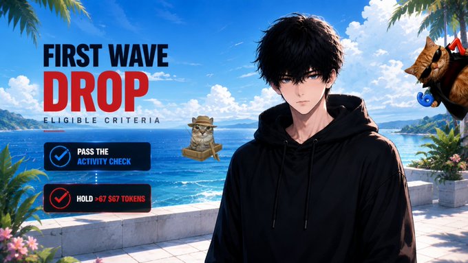 Promotional graphic for a 'FIRST WAVE DROP' featuring an anime-style man in a black hoodie against an ocean backdrop, with eligibility criteria listed: 'PASS THE ACTIVITY CHECK' and 'HOLD >67 $67 TOKENS'.