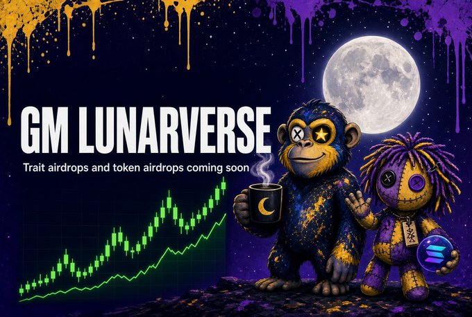 A promotional graphic for 'GM LUNARVERSE' advertising 'Trait airdrops and token airdrops coming soon' featuring a gorilla holding a coffee cup, a voodoo doll character, and an upward green chart.