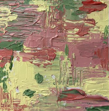 A close-up of an abstract oil painting with thick, textured brushstrokes in shades of red, pink, yellow, and green.