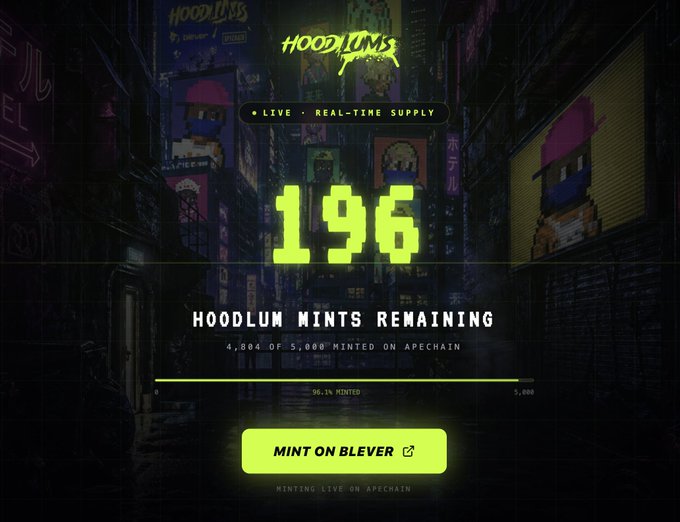 A neon green NFT minting page for 'Hoodlums' shows 196 Hoodlum Mints Remaining with 4,804 of 5,000 minted on Apechain, featuring a 'Mint on Blever' button.