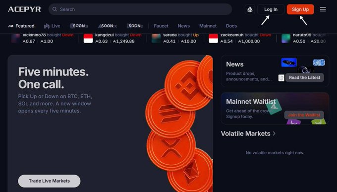 Screenshot of the ACEPYR crypto prediction platform homepage featuring login/signup buttons, navigation tabs (Featured, Live, SOON, Faucet, News, Mainnet), and the tagline 'Five minutes. One call.' with a 'Trade Live Markets' button.