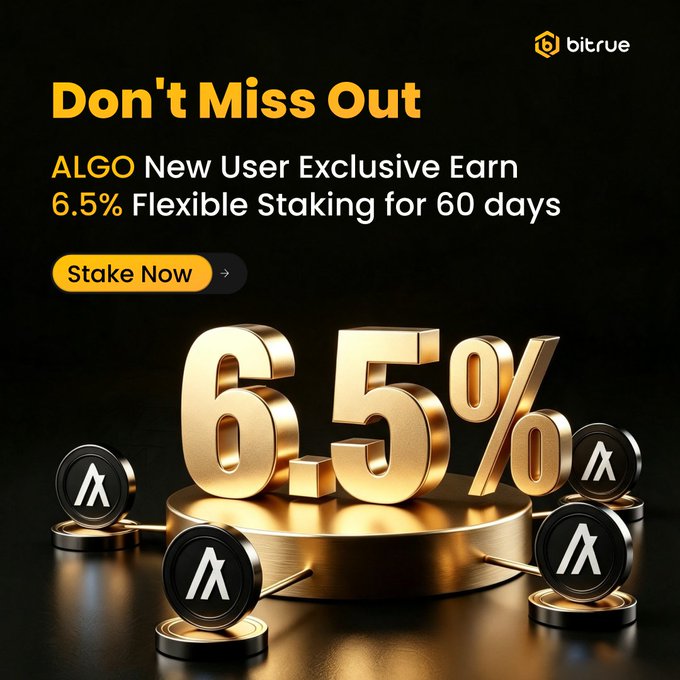 A promotional image by Bitrue advertising a new user exclusive 6.5% flexible staking offer for ALGO over 60 days, featuring gold 3D "6.5%" text and ALGO coin tokens with a "Stake Now" call-to-action button.
