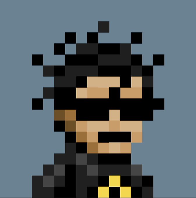 A low-resolution pixel art portrait of a bearded figure in a bat-like cowl with yellow accents, matching the "Bat Retard" piece from the Suited Riot collection by @Benjaminmlps.