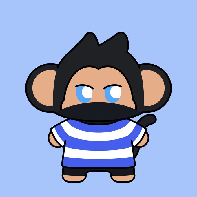 A cartoon monkey character with black fur, a striped blue and white shirt, and a mischievous expression against a light blue background.
