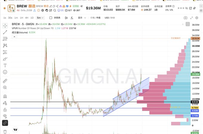 A cryptocurrency trading chart for the BREW token (BREW/USD) showing price action at $19.36, with volume profile, VPVR data, and a 24-hour change of +5.07%.