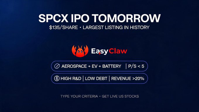 The text "SPCX IPO Tomorrow" is written at the top of the banner. The following words are displayed below this heading: "$135/share. Largest listing in history. $SPCX won’t stay private forever. When it lists, you don't want to be caught guessing. Use EasyClaw's plain language stock screener to find high growth, capital intensive pre IPO vibe stocks today: $SPCX + $E". The banner is also colorfully designed with a red background and black text that reads "Easy Claw!".