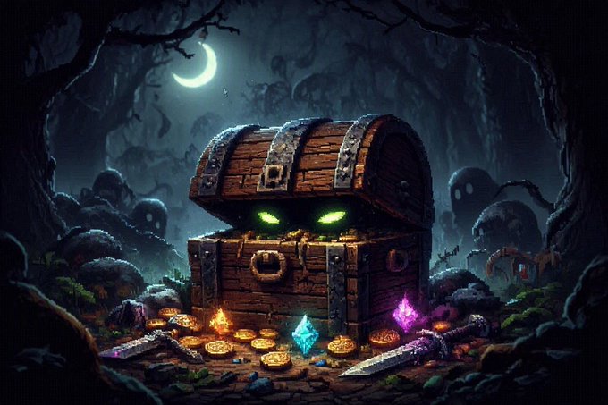 A glowing, ominous treasure chest sits open in a moonlit graveyard, spilling cursed artifacts like blades, coins, and haunted gems—perfectly matching the spooky Halloween loot theme of "Haunted Tricks" featured in Enjin's stream. The eerie green eyes peering from within the chest visually embody the game's introduction of grim reapers, gothic weapons, bone wings, and the new Skeleton Blob item.