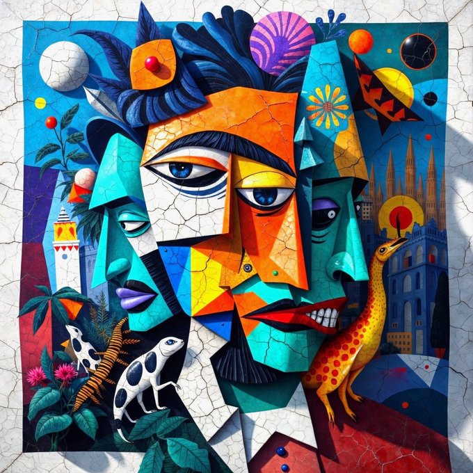 A vibrant, colorful cubist-style mural or painting featuring abstract faces, a lizard, a lizard, fish, and architectural elements with a cracked texture background.