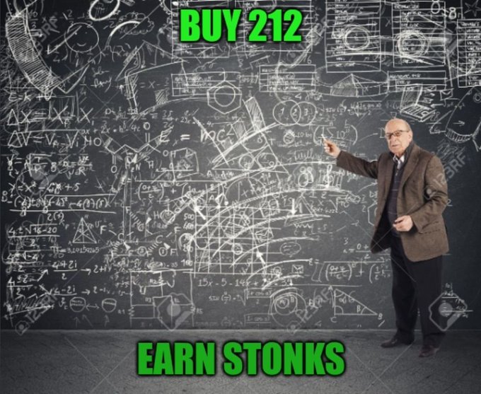 A meme featuring a man pointing at a chalkboard filled with complex math equations, with green text reading "BUY 212" at the top and "EARN STONKS" at the bottom.